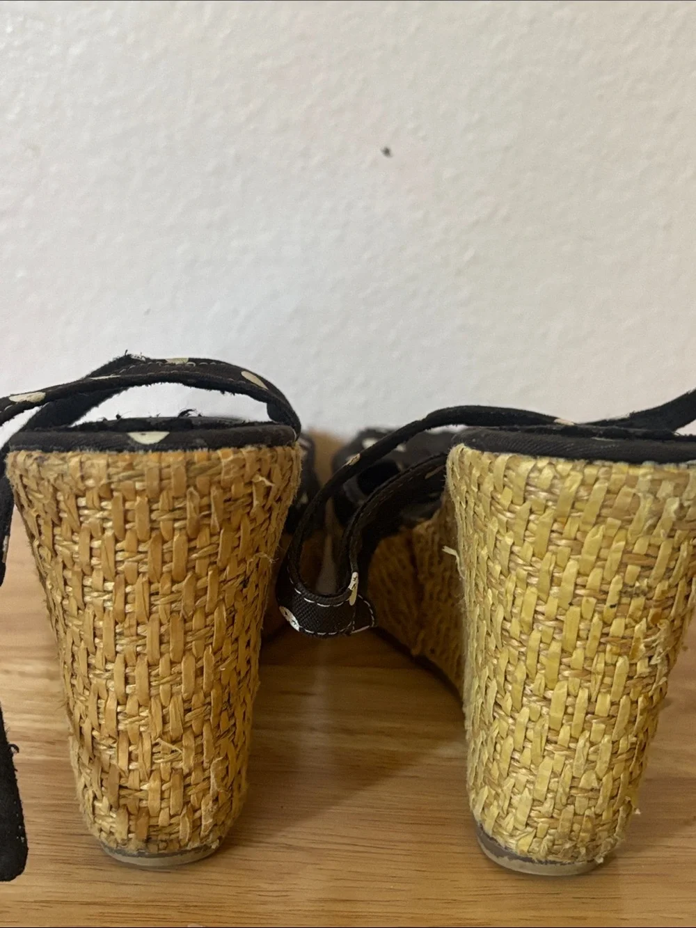 Black Polka Dot Pinup Wedge Sandals with Peep toe and Ankle Strap, Size 7
